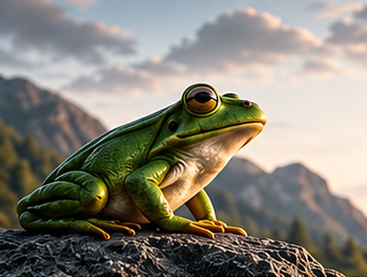 A green frog perched on a granite rock above a mountain valley at sunrise